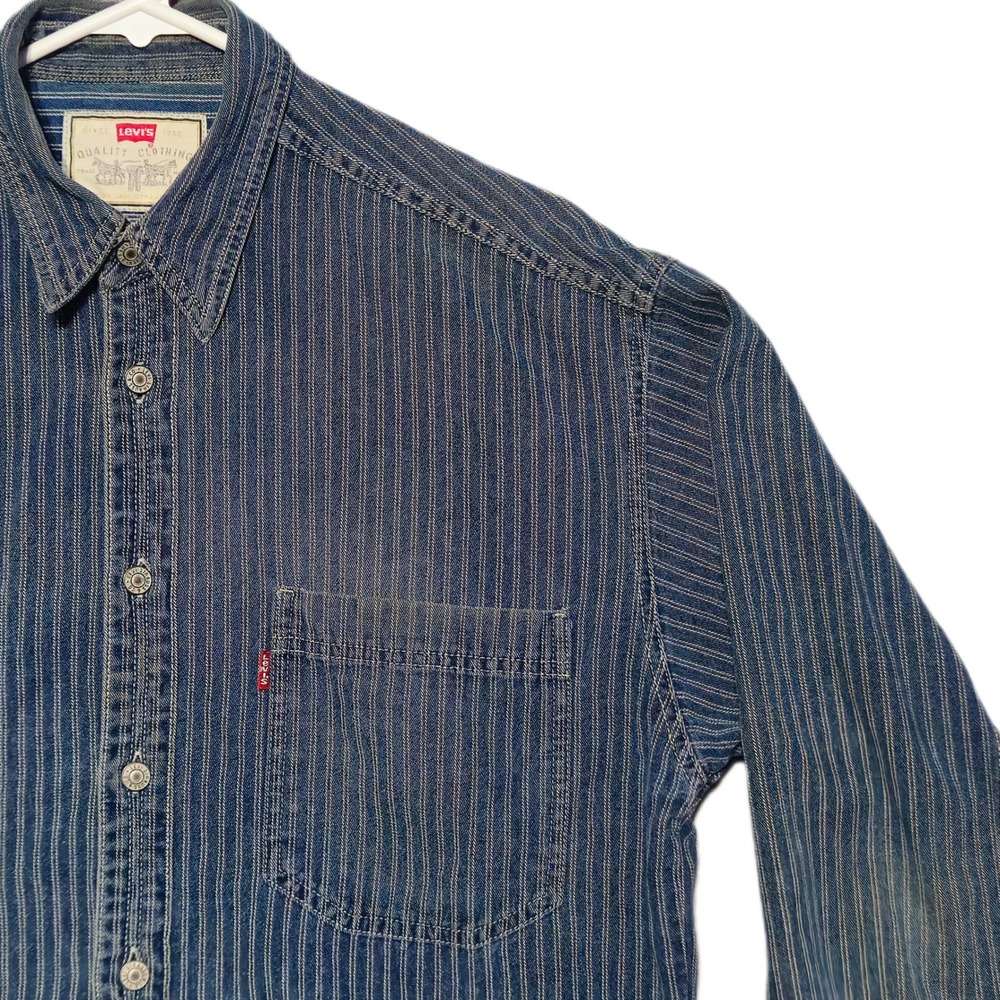 Vintage Levis Hickory Stripe Shirt Mens M Blue Denim Long Sleeve Workwear